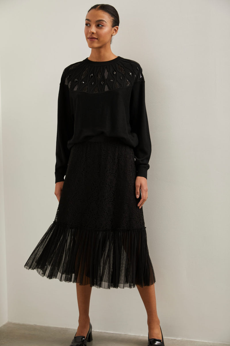 Lace & pleated mesh skirt