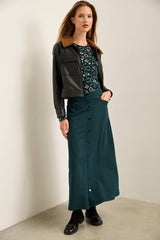Flared Midi Ponte Skirt With Front Placket