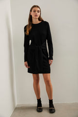 Crew neck knitted dress with sash at waist
