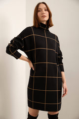 Mock Neck Knit Dress With Plaid Pattern