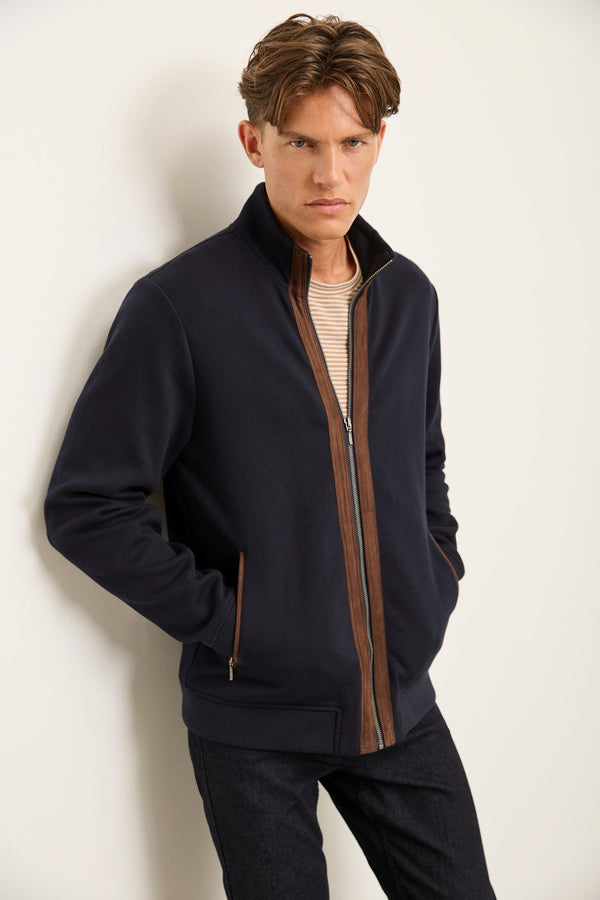 Mixed Fabric Zip Cardigan