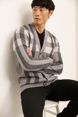Check Placement Buttoned Cardigan