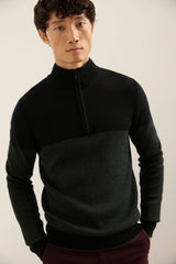 Herringbone Merino Wool Mock-Zip Sweater