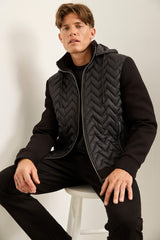 Removable Hood Mixed Fabric Quilted Jacket