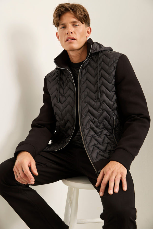 Removable Hood Mixed Fabric Quilted Jacket