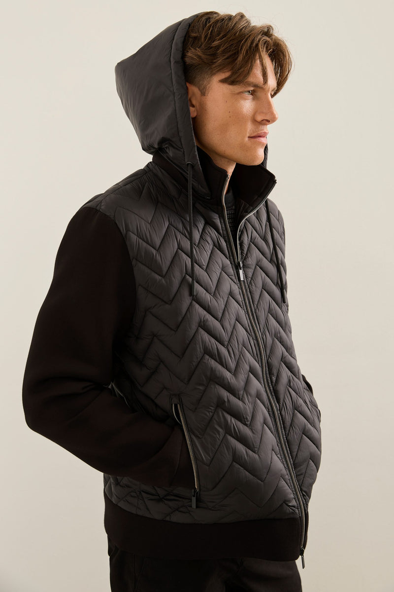 Removable Hood Mixed Fabric Quilted Jacket